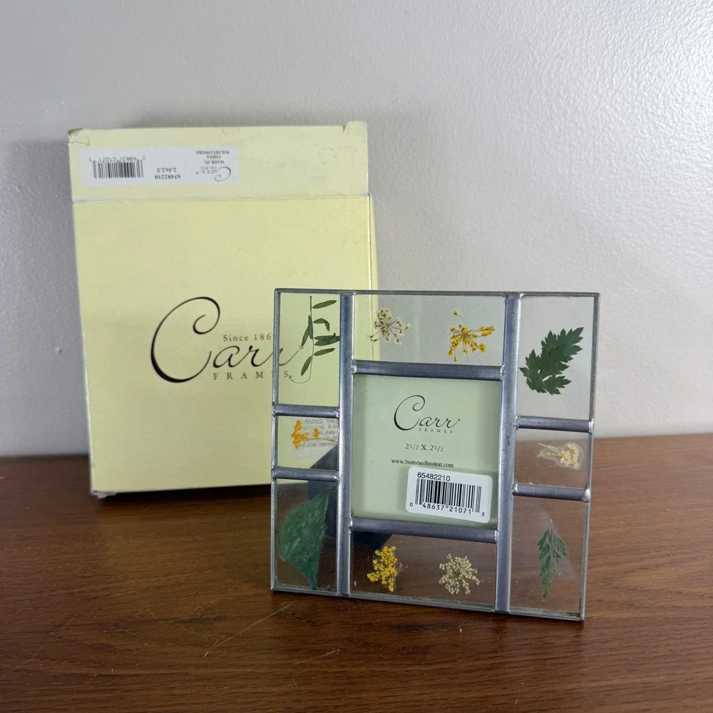 Vintage 1998 Carr Pressed Wildflower Glass Photo Frame 2.5x2.5 Original Box